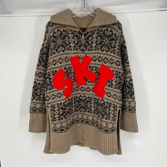 Free People Mt. Snow "SKI" Half Zip Collared Winter Knit Pullover Tunic Sweater - Picture 2 of 11